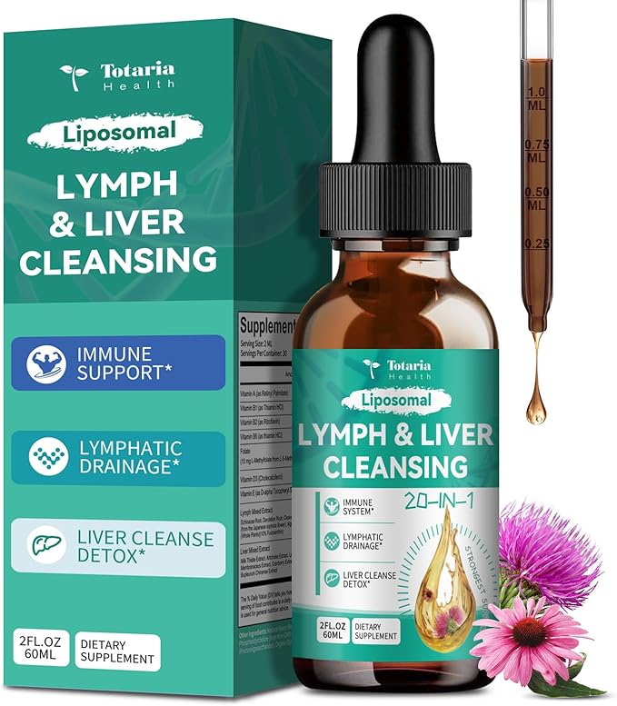 Strongest ''Lymph-Liver'' Cleanse Detox, Liposomal Organic Milk Thistle, Echinacea, Artichoke Lymphatic Drainage & Liver Repair Supplement with All Vitamins, 2 Fl.Oz