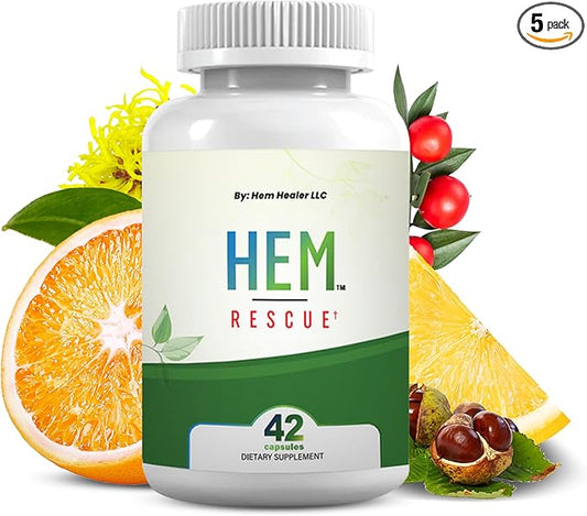 Hem Rescue Hemorrhoid Treatment Supplement - All Natural, Reduces Discomfort and Swelling, Boosts Blood Flow, Oral Botanical Blend, Made in USA - (5 Bottle Pack)