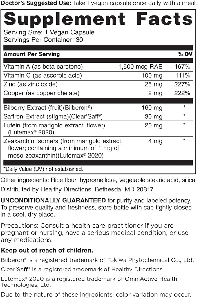 DOCTORS' PREFERRED Clinical-Grade OcuGold Eye Vitamins with Lutein and Zeaxanthin for Macula & Retina Health, Digital Eye Strain, Eye Fatigue and Visual Performance - 30 Vegan Capsules