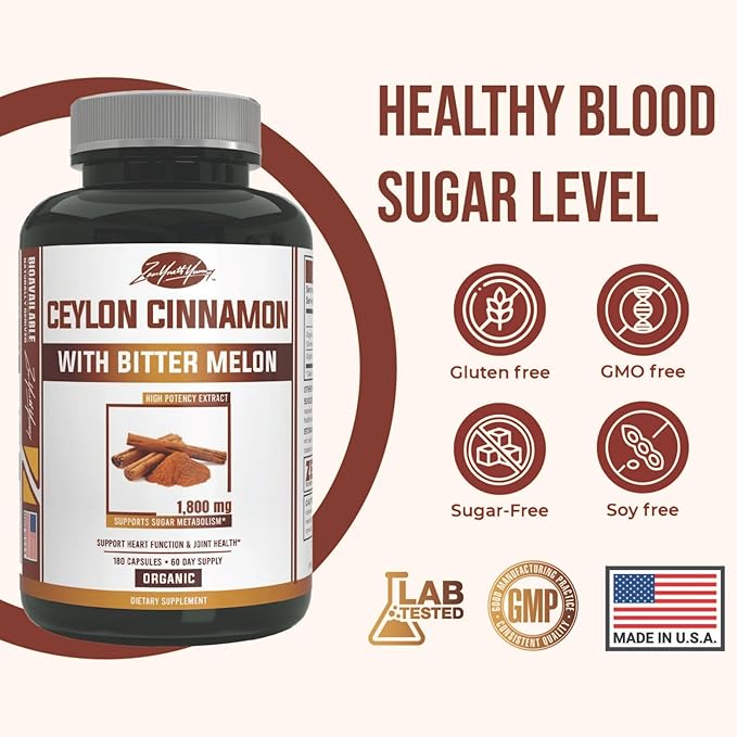 zyy Organic Ceylon Cinnamon Supplements with Bitter Melon 1830mg | Non-GMO Gluten-Free | Certified Organic Ceylon Cinnamon Powder Pills | Supports Blood Sugar & Heart Health | Antioxidant-180ct
