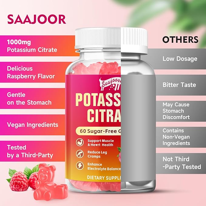 Potassium Citrate Gummies 1000mg, Potassium Supplement for Adults Women & Men, Support Leg Cramps & Muscle Health, 60 Count
