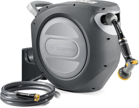 GLAHODEN Retractable Garden Hose Reel 1/2 in x 100 ft Upgraded UV Resistant Heavy Duty Automatic Hose Reel Wall Mount 3/4 in Brass Fitting 9 Pattern Nozzle Any Length Lock Slow Retraction 180° Swivel