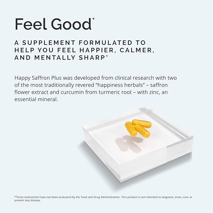 Dr Amen BrainMD Happy Saffron Plus - 90 Capsules - With Saffron Flower Extract, Curcumin & Zinc - Vegan, Gluten Free - 30 Servings