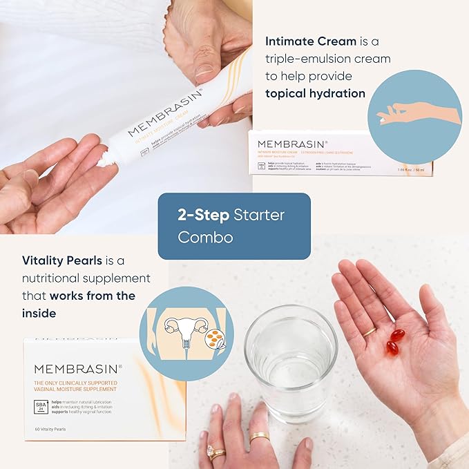 Membrasin Starter Pack: Vitality Pearls & Intimate Moisture Cream | 30-Day Supply | Estrogen-Free Menopause Support for Women | Natural Lubrication, Healthy pH, & Dryness, Itching, & Burning Relief