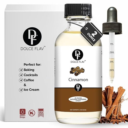 Dolce Flav Natural Cinnamon Extract Oil 2 oz – Kosher, Sugar-Free, Concentrated Spice Flavor for Candy, Chocolates & Desserts, Includes Measured Dropper