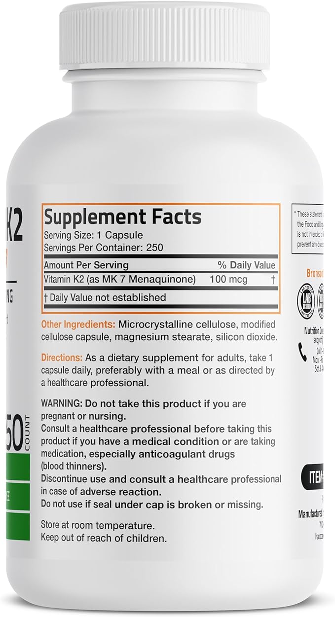 Bronson Vitamin K2 as MK-7 Menaquinone 100 mcg Non-GMO, 250 Capsules