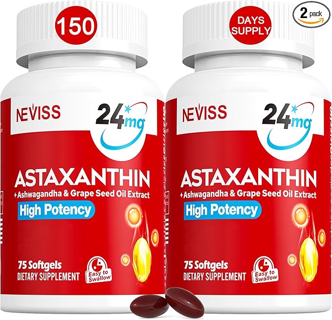 Astaxanthin Supplements 24mg, 5 Month Supply - Coconut MCT Oil, Fresh Microalgae Source w/Grape Seed Oil, Ashwagandha - Antioxidants for Healthy Skin, Eyes, Aging - Non-GMO & Gluten Free, 150 Softgels