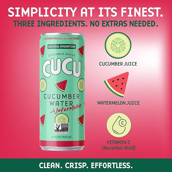 CUCU Cucumber Water + Watermelon Water – Natural Hydration from Cucumbers with Vitamin C, Electrolytes & Antioxidants – No Sugar Added, Non-GMO – 12 Pack, 11 fl oz Cans