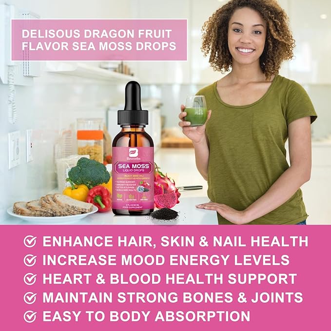 B BEWRTHS Sea Moss Liquid Drops - Black Seed Oil & Irish Sea Moss Gel with Burdock Root Bladderwrack, Elderberry, 6X Stronger Qrganic Seamoss Raw Supplement for Digestive, Hair Health - Vegan, 2 Fl.oz