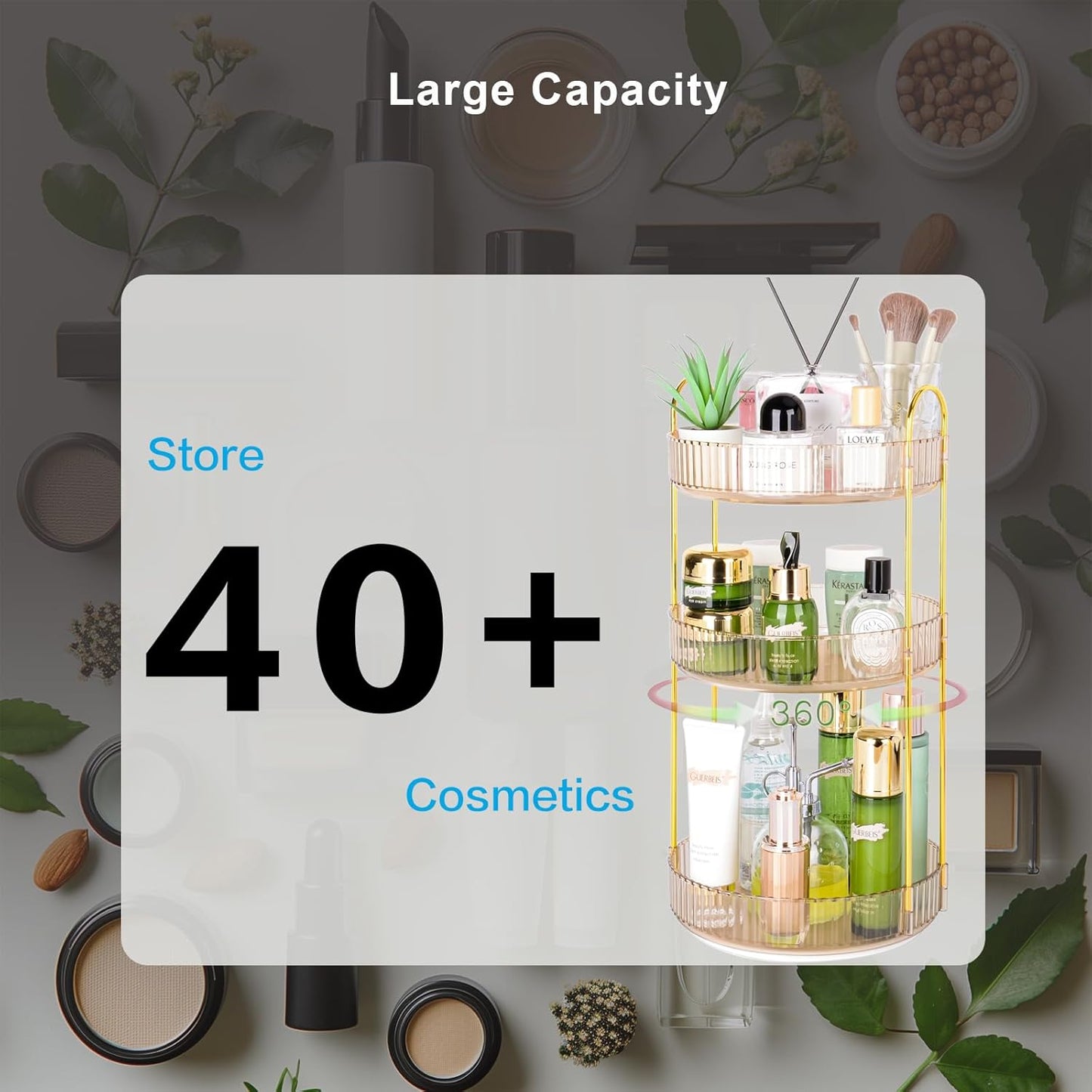 360 Rotating Makeup Organizer - Large Capacity Spinning Perfume & Cosmetic Skincare Holder for Vanity & Countertop (Vibrant Orange, 3 Tier)