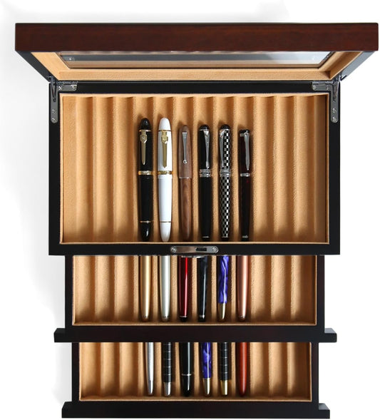 Wood Pen Display case 36 Slot Fountain Pen Box Storage Organizer with Drawer, Top Glass Window Pen Collection Display Case