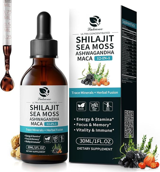 Shilajit Liquid Drops with Sea Moss, Ashwagandha, Maca, Fulvic Acid, Trace Minerals, 12-in-1 Liquid Vitamins Supplement for Men and Women, Energy, Antioxidant, Immune Support, 1 FL Oz