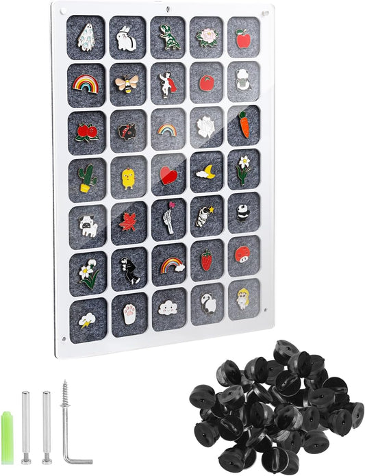 UCEC 35 Grids Clear Acrylic Pin Display Board & 50 PCS Rubber Pin Clutches, Enamel Pin Collection Display Case for Pin Holder, Badge Brooch Pins Organizer Board, Dust-Free Wall & Table Holder Display
