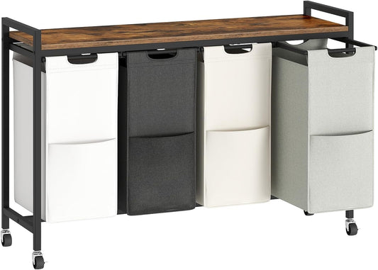 HOOBRO Laundry Sorter 4 Sections, Laundry Hamper with Wheels, 4 × 10.5 Gal (40 L), Rolling Laundry Basket, Pull-Out and Removable Oxford Fabric Bags, Rustic Brown BFE04XY01