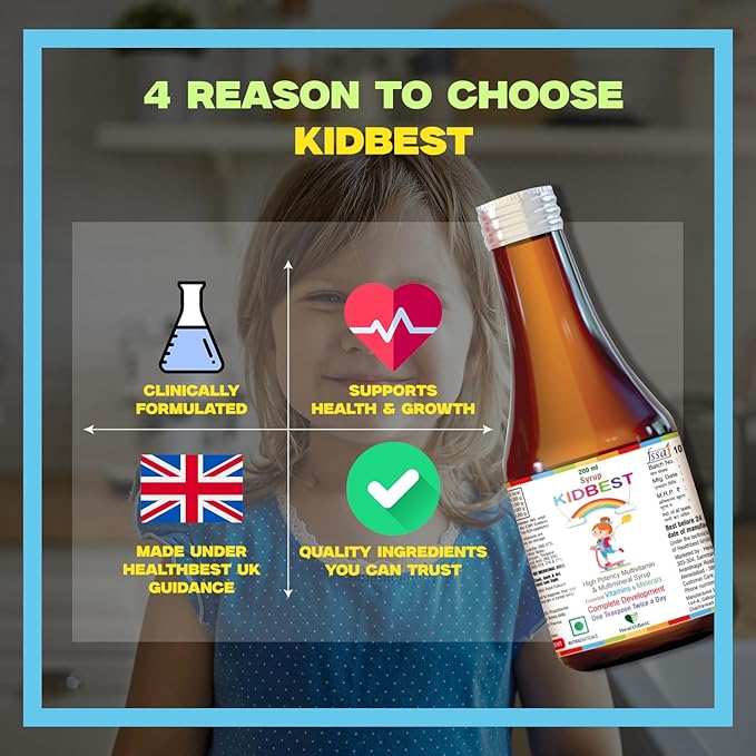 Kidbest Multivitamin Syrup for Kids 3-13 Years – Liquid Formula with 13 Nutrients for Appetite, Immunity, and Growth – Tasty Daily Vitamins for Stronger Kids | Toddler multivitamin for kids|200ml