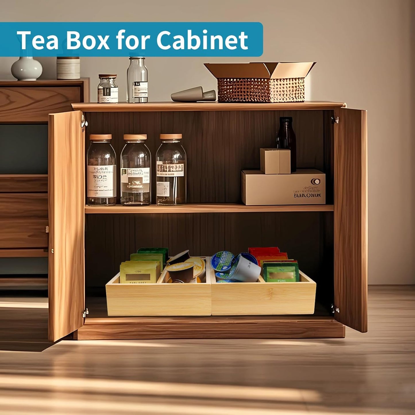 Tea Bag/Sugar Packet Holder,Coffee Station Condiment Organizer,Bamboo Tea Organizer,Large 4-Compartment Organizer Tray for Drawer/Shelf/Countertop(10.2 x 7.9 x 2.4 inch)