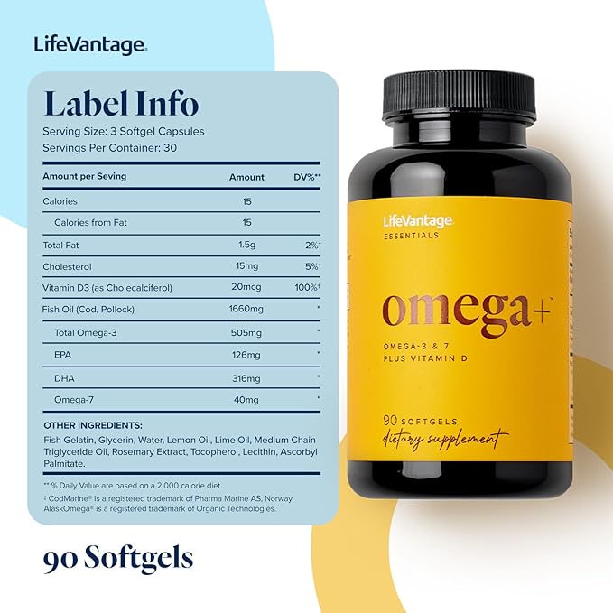 LifeVantage - Omega+ - Supplement 3-in-1 Blend of Omega-3 & 7, Vitamin D and for Brain, Cardiovascular, Skin Health and Immunity - 90 Softgels