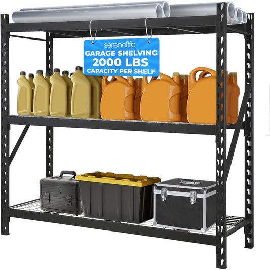 SereneLife Heavy Duty 3-Tier Metal Garage Shelving | 24" x 77" x 72" Extra Wide Adjustable Storage Utility | Freestanding Bulk Storage Rack | Open Wire Mesh Design | 2000 lbs. Capacity