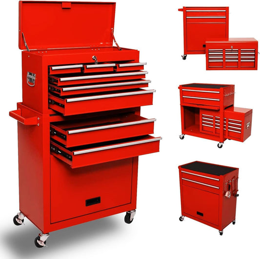 8-Drawer High Capacity Rolling Tool Box with Wheels,Rolling Tool Chest with Drawer,Tool Box on 4 Wheels with Lock, Tool Storage Cabinet Removable Portable Box for Garage Warehouse (Red)