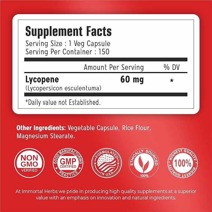Lycopene Supplement for Men 60mg, 150 Capsules, Natural Tomato Extract Powder for Skin, Heart & Immune Support, 100% Veg Lycopene Complex, Non-GMO and Gluten Free Carotenoid Supplement