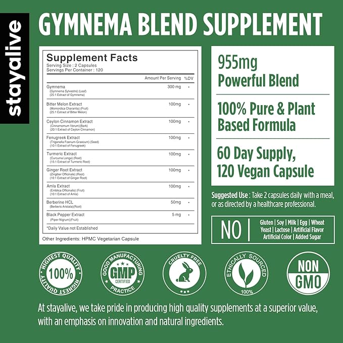STAY ALIVE Gymnema Sylvestre 25:1 Extract, 120 Capsules with Bitter Melon, Ceylon Cinnamon, Berberine, Turmeric, Ginger, Amla Powder and Fenugreek, Non-GMO & Gluten Free Gymnema Sylvestre Supplement