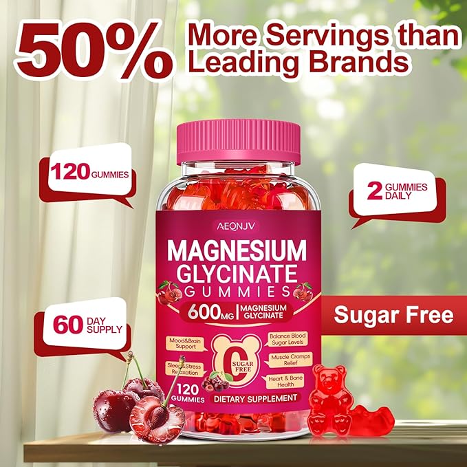 Magnesium Glycinate Gummies 600mg for Women and Men, High Absorption Magnesium Glycinate with Vitamin D, B6, and CoQ10 for Calm Support & Sleep, Sugar Free, Vegan, 120 Count