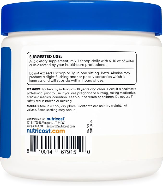 Nutricost Beta Alanine Powder 300 Grams (10.7oz) - 3 Grams Per Serving