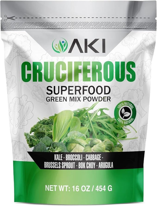 AKI Cruciferous Superfood Green Mix Powder - Made from Kale, Broccoli, Brussels Sprouts, Cabbage - Packed with Essential Phytonutrients & Vitamins ((16oz/454g))