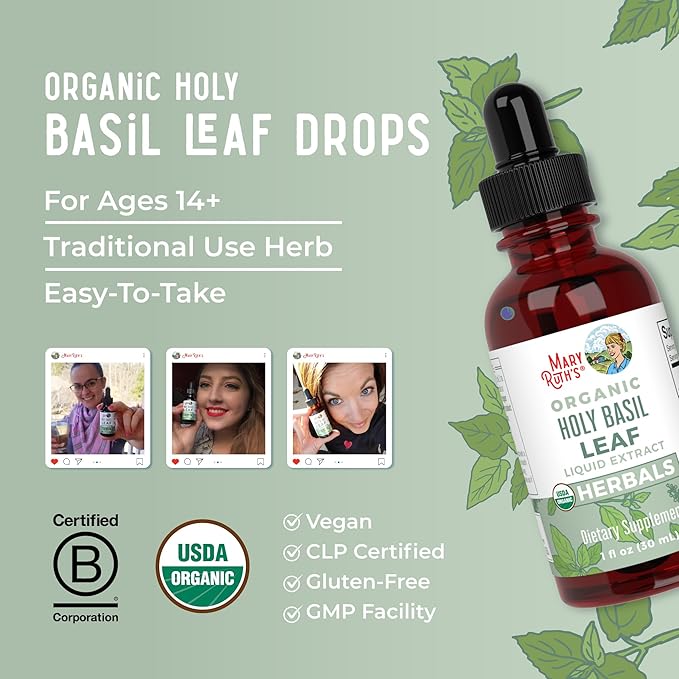 MaryRuth Organics Holy Basil Sugar Free | Tulsi Holy Basil Herbal Liquid Drops | Antioxidant | Cognitive Function | Digestive Support | Energy Levels | Vegan | Non-GMO | 1 Fl Oz