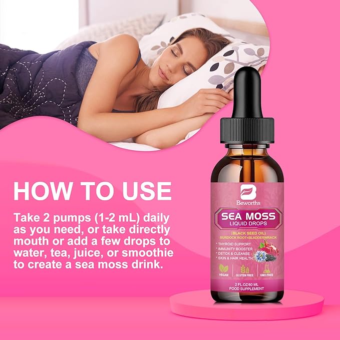 B BEWRTHS Sea Moss Liquid Drops - Black Seed Oil & Irish Sea Moss Gel with Burdock Root Bladderwrack, Elderberry, 6X Stronger Qrganic Seamoss Raw Supplement for Digestive, Hair Health - Vegan, 2 Fl.oz