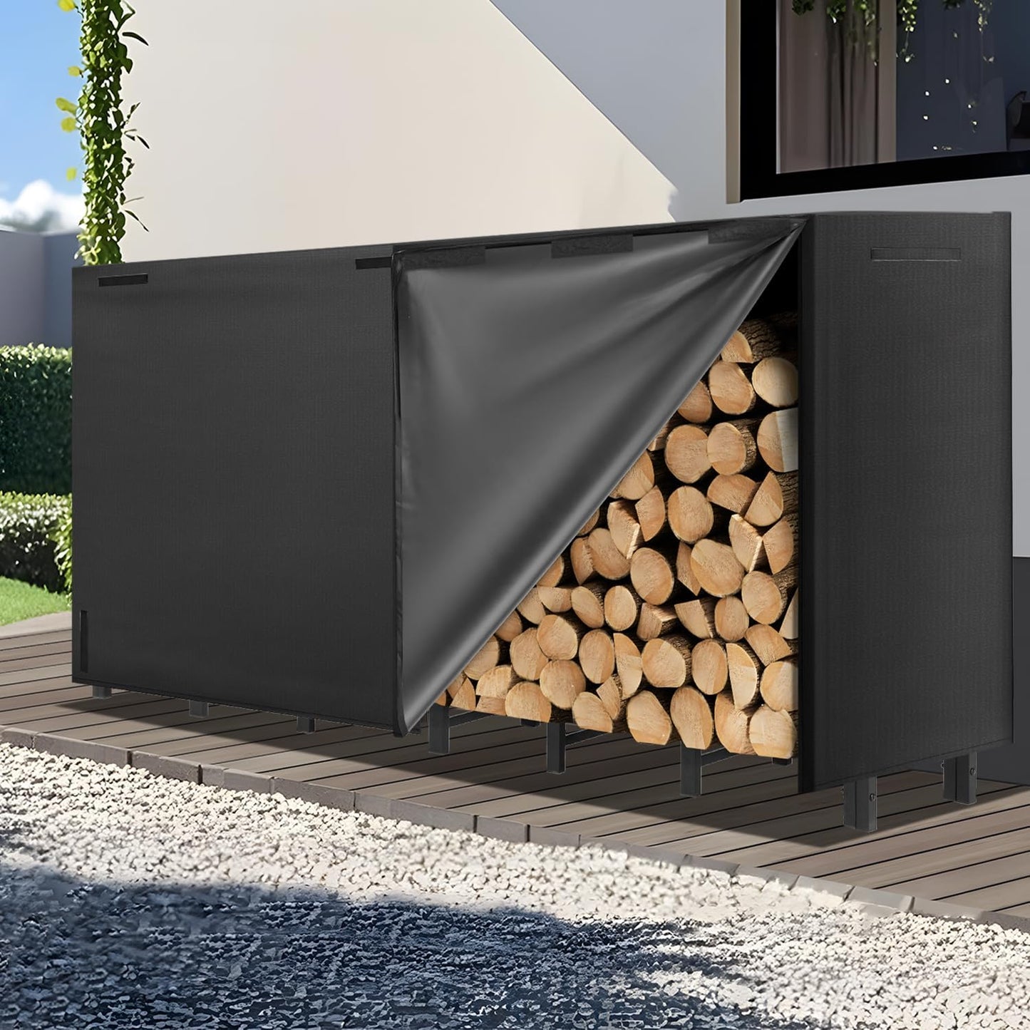8FT Firewood Rack Outdoor with Cover, Heavy Duty Adjustable Firewood log Storage & Holder, Wood Pile Lumber Storage Rack Stacking Outside for Courtyard Patio.