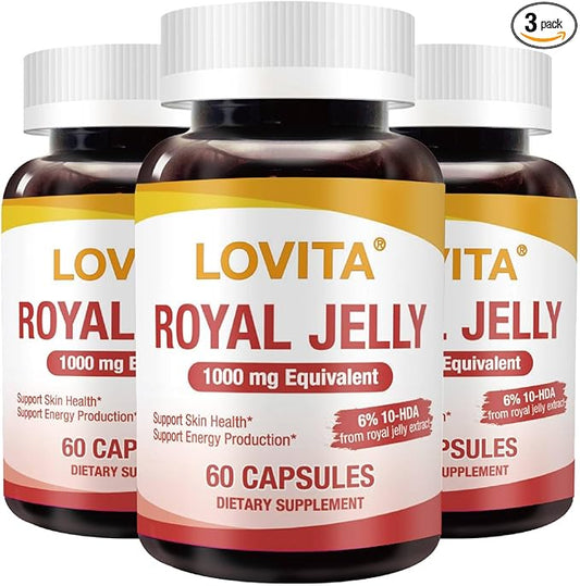 Lovita Royal Jelly 333 mg, 3:1 Concentrate, with 20mg 10-HDA, Natural Source Super Food, Supports Skin Health & Energy Production, 60 Capsules (Pack of 3)