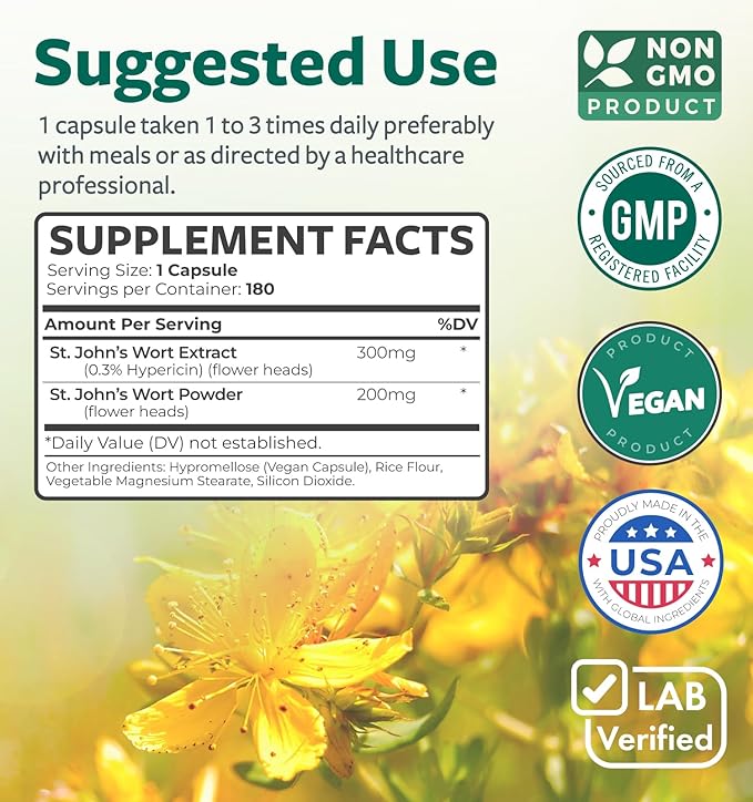 St John's Wort Capsules - Powerful & Potent Saint John's Wort Extract & Whole Herb Complex Standardized to 900mcg Hypericin for Balancing Daily Mood Support - Vegan Non-GMO & Lab Verified (180 Caps)