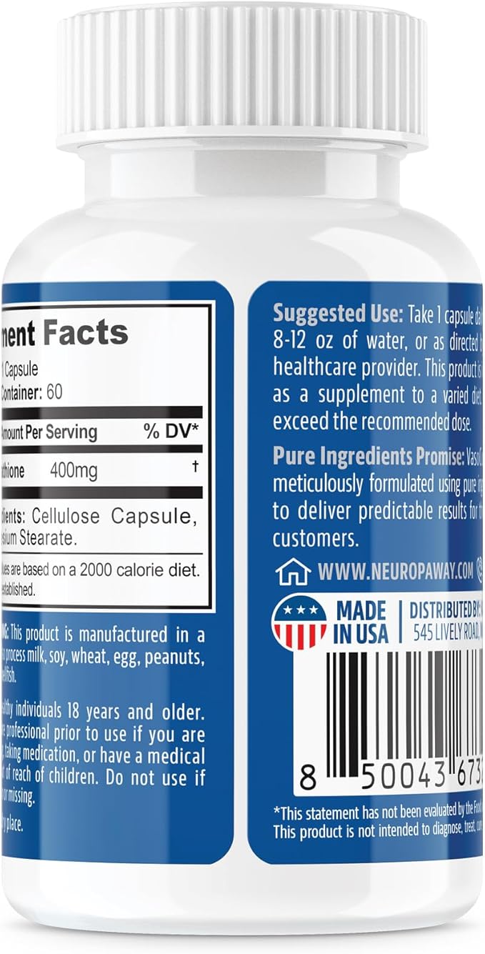 NeuropAWAY Elements S-Acetyl-Glutathione 400mg Acid Resistant Capsules 60ct (60 400mg Capsules Per Bottle) 3rd Party Tested Made in a cGMP Facility