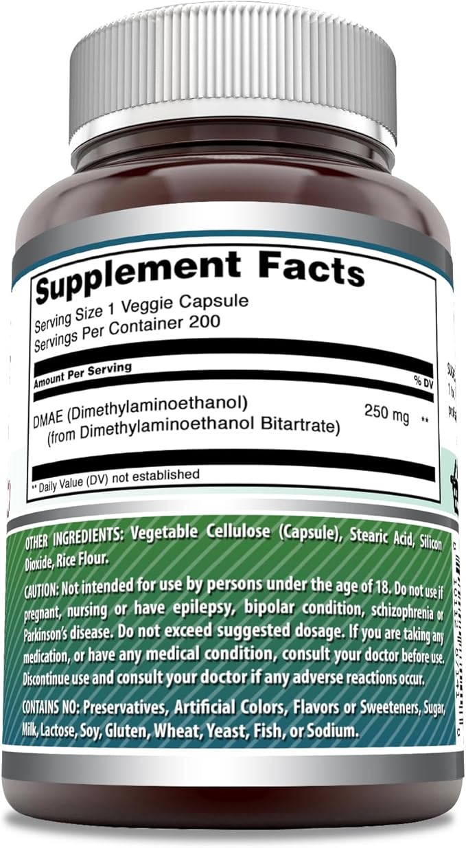 Amazing Formulas DMAE Supplement | 250 Mg | Veggie Capsules | Non-GMO | Gluten-Free | Made in USA (1 Pack, 200 Count)