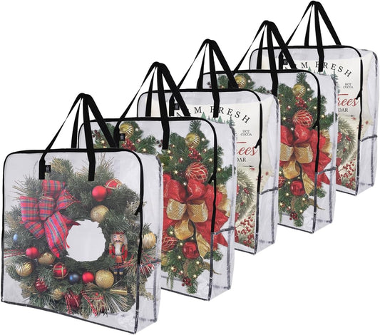 VENO 5 Pack Wreath Storage Bag, Summer, Christmas Decoration Garland Container, 30 Inch Clear Door Wreath Organizers, Moving Boxes, Packing Supplies for College (Square - 5 Pack)