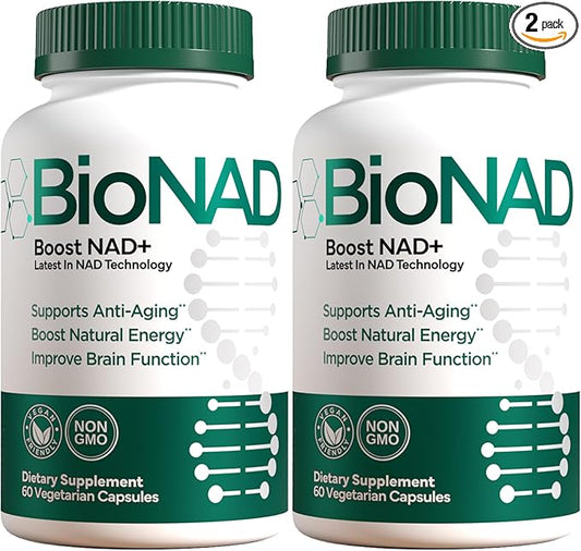 BioNAD NAD+ Natural Energy Booster - Boosts NAD+ - Supports Cardiovascular Health by lowering LDL Cholesterol - Anti Aging - Combats Inflammation induced Aging on a Cellular Level - Vegan/Non GMO