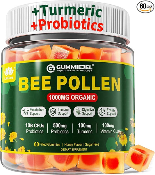 Digestive Health & Weight Bee Pollen Organic 1000mg, w/Probiotics, Prebiotics & Turmeric, Bee Pollen Gummies Rich in B-Vitamin, Antioxidants, Amino Acids, for Digestive, Weight & Energy