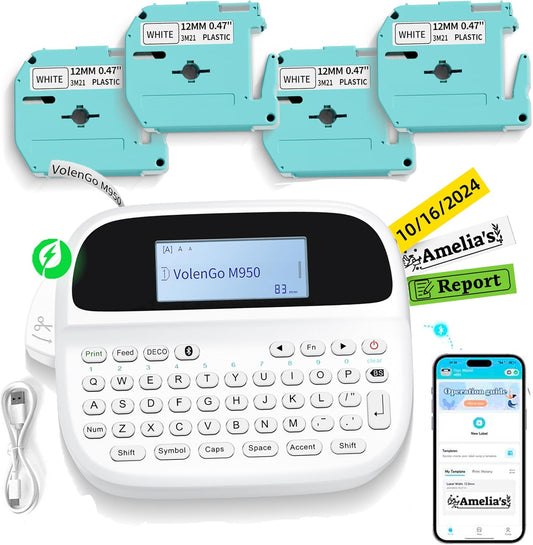 Label Maker Machine with 4 Tapes, Rechargeable Backlit Labeler for 12mm 0.47 White Waterproof-Labels, Bluetooth Label Printer Replacement for Brother Ptouch Label Maker Machine, for Office Home School