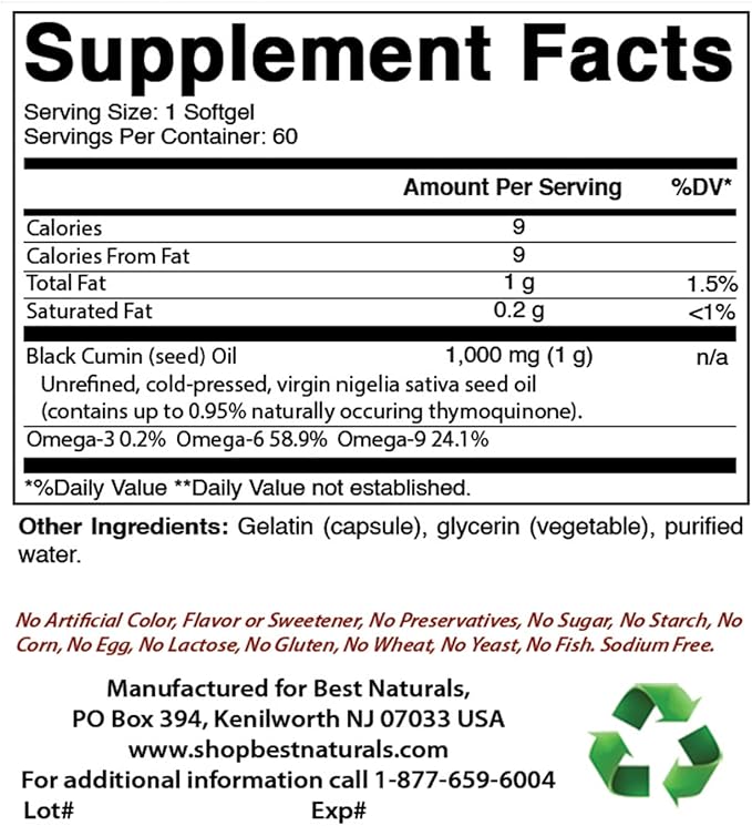 Best Naturals 2 Packs Black Seed Oil Capsules 1000 mg (Non-GMO) Nigella Sativa - 100% Cold Pressed Black Cumin Seed Oil Pills Contains Thymoquinonoe 60 Count (Total 120 Softgels)