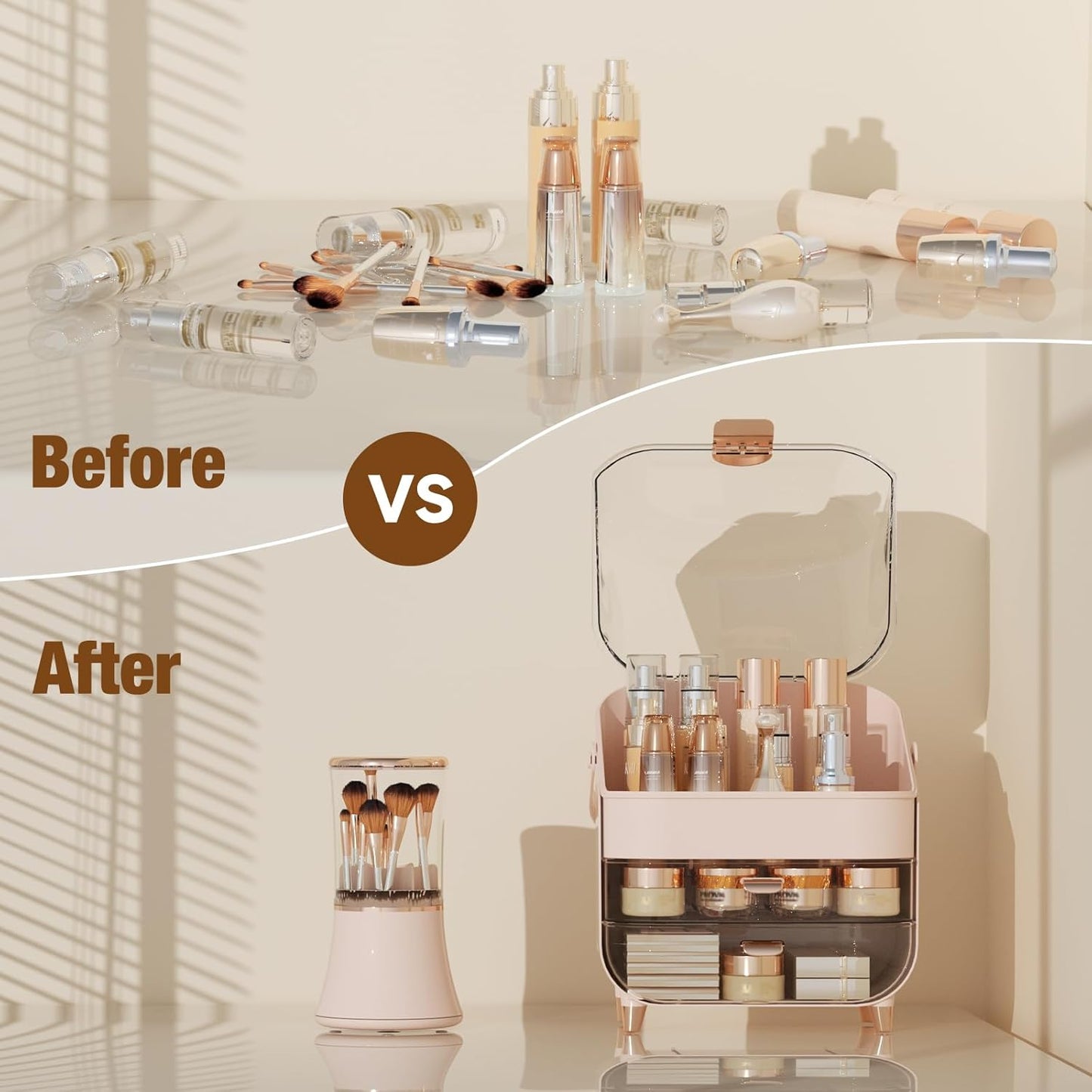 Makeup Organizer Countertop & Makeup Brush Holder with Lid 360 Rotating Clear Dustproof Skincare Holder for Vanity Bathroom Countertop, Ideal Gifts for Women, Transparent, Pink