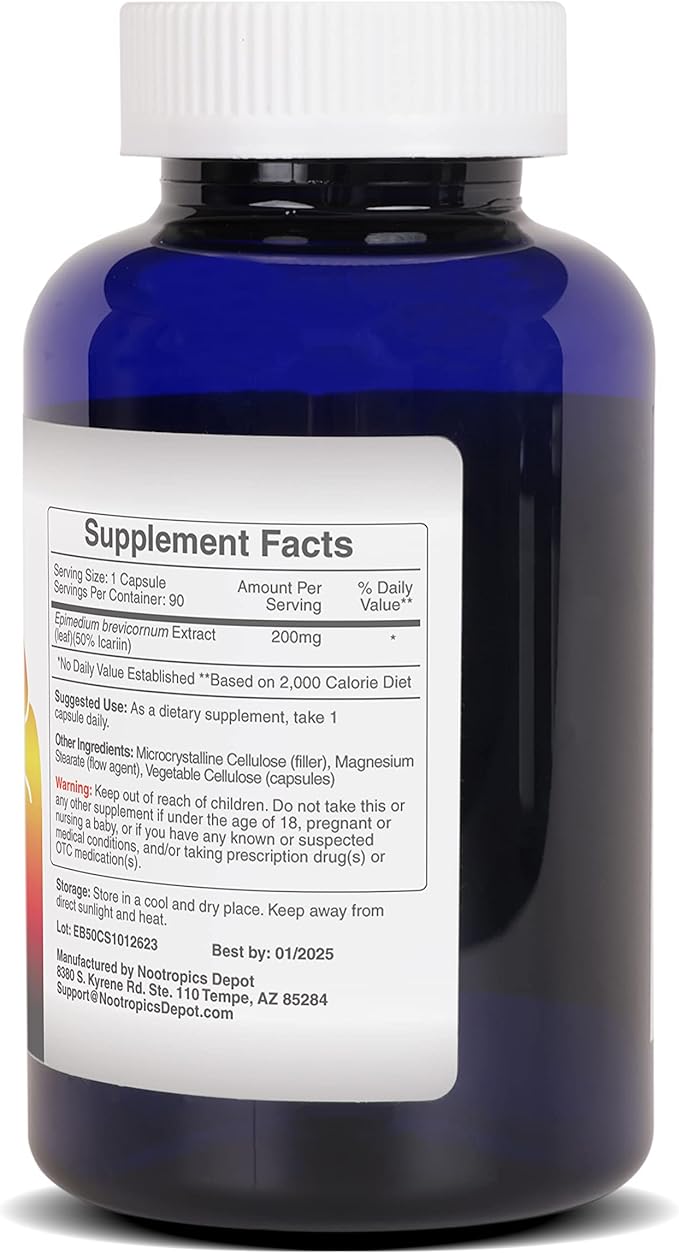 Nootropics Depot Horny Goat Weed Capsules | 200mg | 90 Count | Minimum 50% Icariin | Epimedium brevicornum