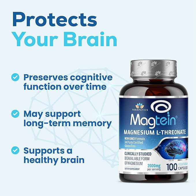 Magnesium L Threonate, Magtein™, Brain Supplement for Memory, Focus, Sleep and Cognitive Support, High Absorption Magnesium L-Threonate, Non-GMO, No Laxative Effect – 2000 mg, 100 Vegan Capsules