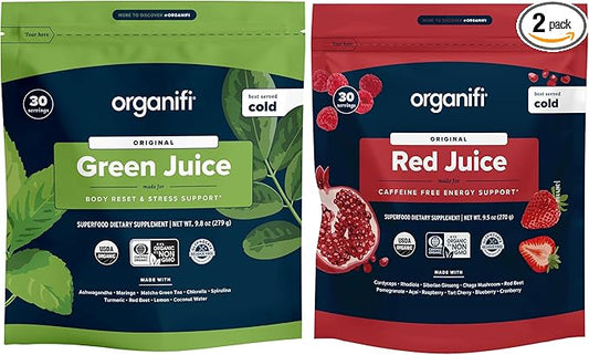 Organifi Green Juice and Red Juice Bundle - 30 Day Supply - Delicious, Refreshing Organic Superfood Supplement Powder With Antioxidants for Energy and Stress Relief Support - No GMO, Gluten, or Soy