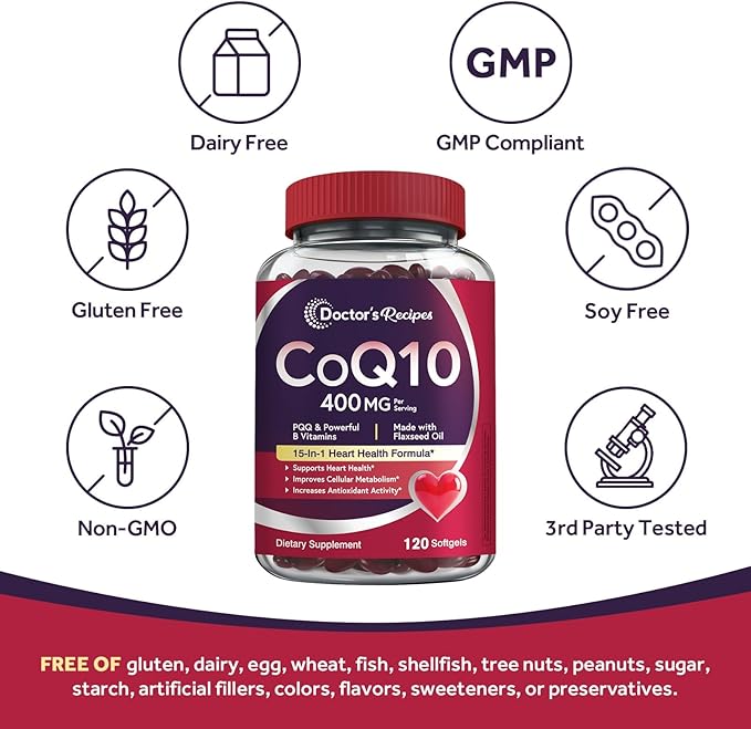 Doctor's Recipes Coq10 400mg Softgels, Ubiquinone with PQQ, Niacin, Vitamin K2 D3, Folate, Plus Black Pepper, High Absorption, Powerful-Antioxidant, Support Heart & Energy-Production, 120 Counts