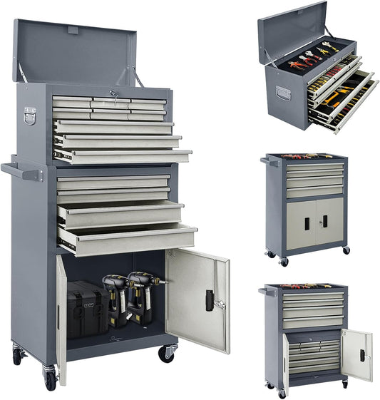 13-Drawer Double Door Rolling Tool Chest, 2 in 1 Detachable Tool Chest,Tool Box with Drawers and Wheels, Large Tool Cabinet with Lock, Metal Standing Toolbox for Garage Workshop-Gray&White