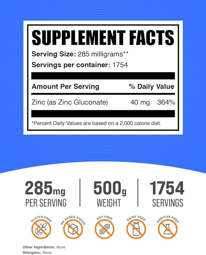 BulkSupplements.com Zinc Gluconate Powder - Zinc 40mg, Mineral Supplement for Immune Support - Gluten Free, 285mg per Serving, 500g (1.1 lbs) (Pack of 1)