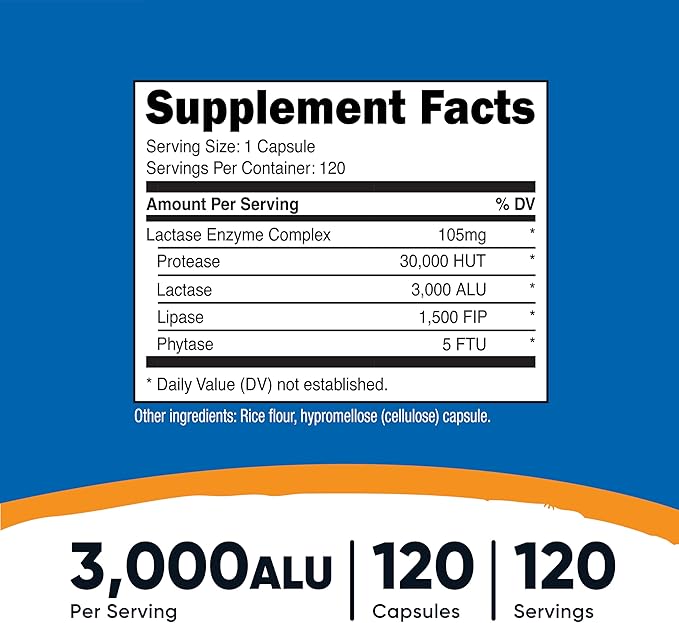 Nutricost Lactase Enzyme Complex 3,000 FCC ALU, 120 Vegetarian Capsules - Non-GMO, Gluten Free, 120 Servings