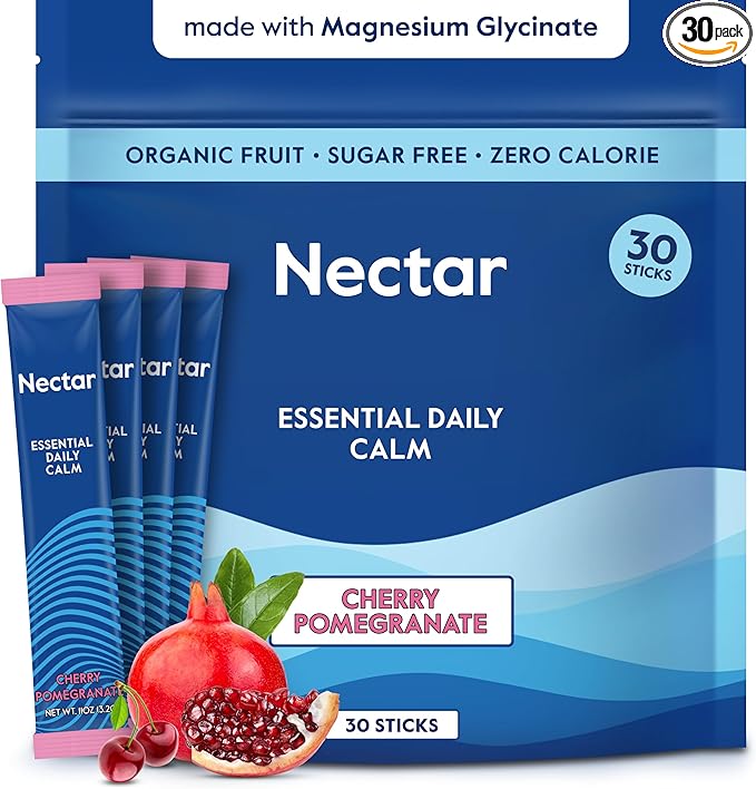Nectar Calm Magnesium Glycinate Drink Mix - Sugar Free & Zero Calorie - with Organic Ashwagandha, Vitamin D, L-Theanine, Hydrating Electrolytes - Relax, Focus & Calm (Cherry Pomegranate 30 Sticks)