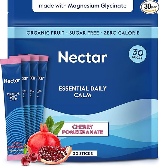 Nectar Calm Magnesium Glycinate Drink Mix - Sugar Free & Zero Calorie - with Organic Ashwagandha, Vitamin D, L-Theanine, Hydrating Electrolytes - Relax, Focus & Calm (Cherry Pomegranate 30 Sticks)